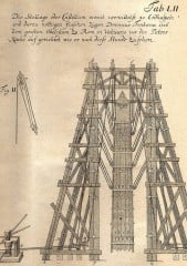 1586 entwickelte Domenico Fontana eine Gerüstkonstruktion für einen Obelisken auf dem Petersplatz im Vatikan