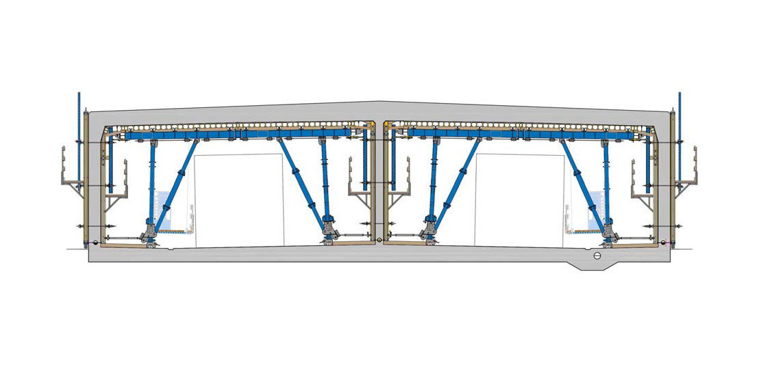 Prinzip einer Tunnelschalung für die offene Bauweise (Darstellung am Tunnelquerschnitt)