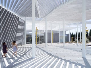 Die signifikante Dachfläche des Manetti Shrem Museums umfasst 5.000 Quadratmeter und überspannt den neuen Kunstcampus vollständig – in weiten Teilen allerdings als lichte, luftige Pergola (Westansicht)