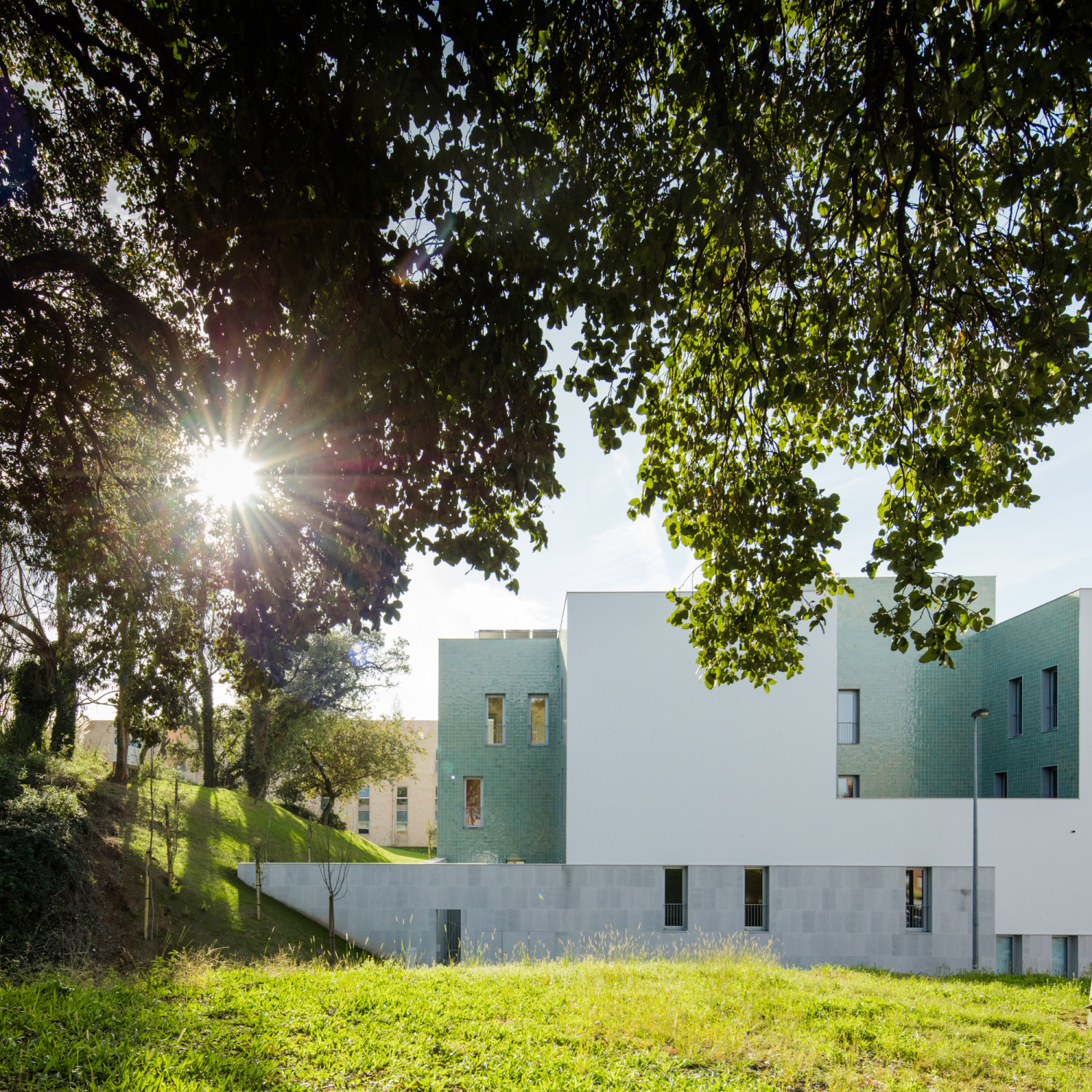 Mit seinen Einschnitten, quaderförmigen Volumen und innen liegenden Höfen wirkt das Wohnheim wie eine moderne, schützende Burg (Nordansicht)