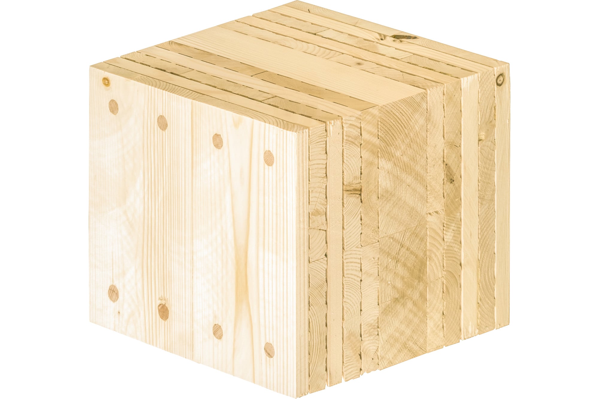 Zwischen den äußeren Decklagen befindet sich mittig ein Kern, der von kreuzweise verlegten Brettschichten umgeben ist. Senkrechte, quellende Buchendübel verbinden die Lagen fest miteinander (Abb. 36 cm)