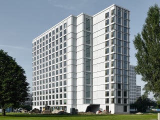 In das klar strukturierte, von Grünflächen durchzogene Universitätsgelände der TU Eindhoven fügt sich das neue Studentenwohnheim Aurora ein (Nordostansicht)