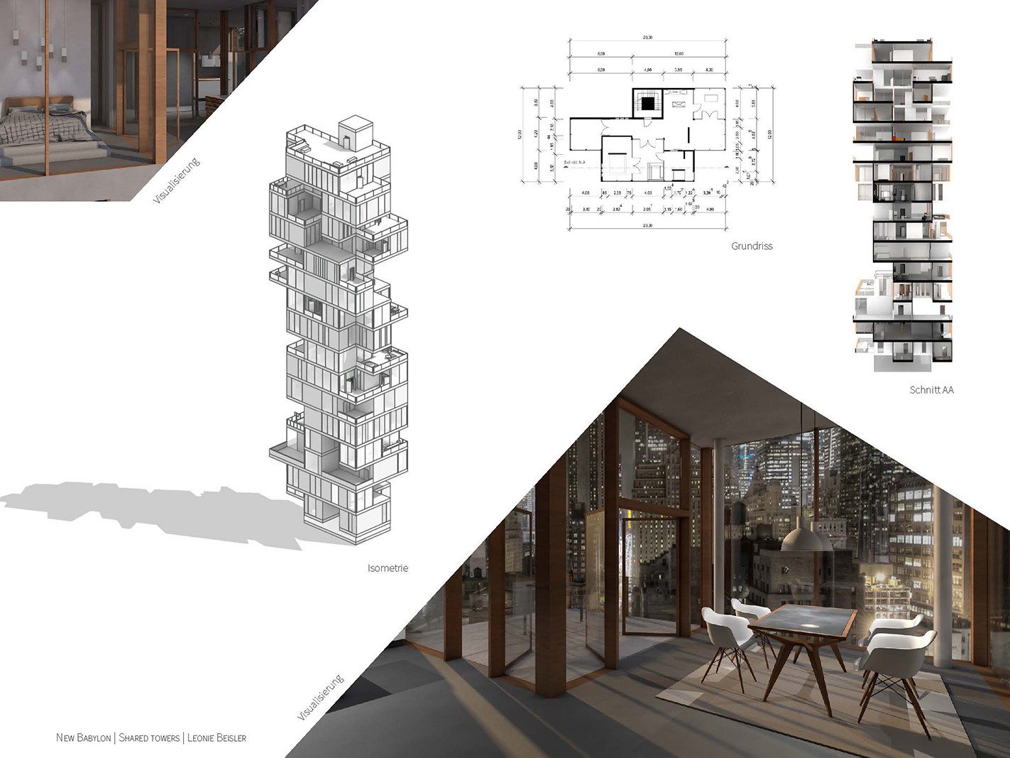 Auszug aus der von Mona Makebrandt erstellten Broschüre „New Babylon/Shared Towers“: Arbeit der Studierenden Leonie Beisler (Isometrie, Plan, Schnitt und Innenraumrendering)
