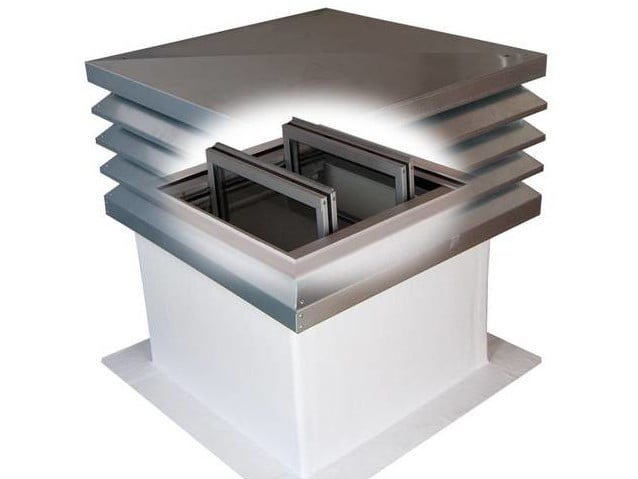 Das Entrauchungselement SHEV-Flap besteht aus einem geraden, wärmegedämmten GFK-Aufsatzkranz und einem integrierten Lamellenfenster mit aufgesetzter Wetterschutzlamellenhaube