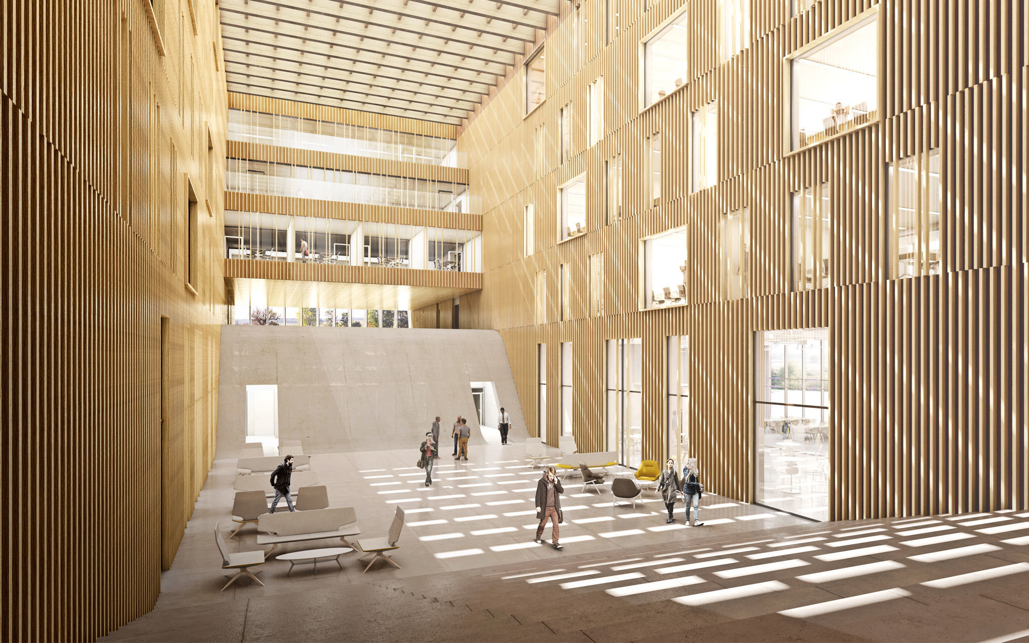 Licht und Luft erhält die Firmenzentrale durch ein weiträumiges Atrium als Herz des Gebäudes (Blick gen Norden auf die geschwungene Wand vor dem Auditorium)