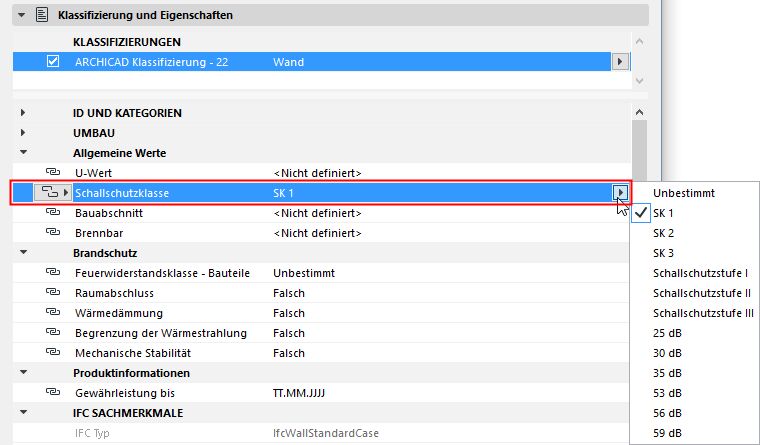 Den Modellelementen in den BIM-Planungsprogrammen (Screenshot aus Archicad) können verschiedene Eigenschaftswerte zugeordnet werden. Diese können dank eines Exports als IFC-Datei in verschiedenen Softwares gelesen werden. 