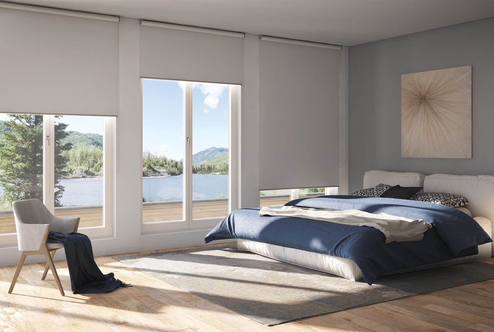 Für den Behang mit besonders gleichmäßigem Tuchbild kann aus dem umfangreichen Tuchsortiment des Herstellers ausgewählt werden. Die Technik ist in sechs Farben erhältlich: Silber, Weiß und Graualuminium, Anthrazitgrau, Anthrazit und Schwarz.