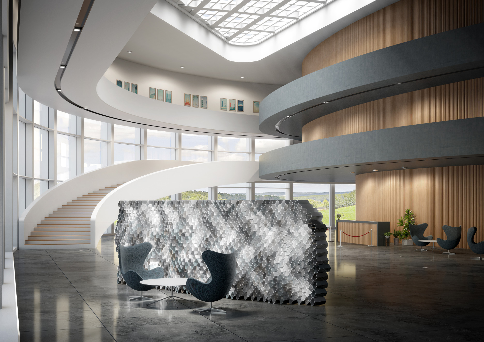 An den Längsseiten über- und nebeneinander geschichtet, ergeben die polygonalen, sogenannten Acoustic Bricks einen akustisch wirksamen Raumteiler, der auf dem Prinzip der diffusen Schallreflektion basiert