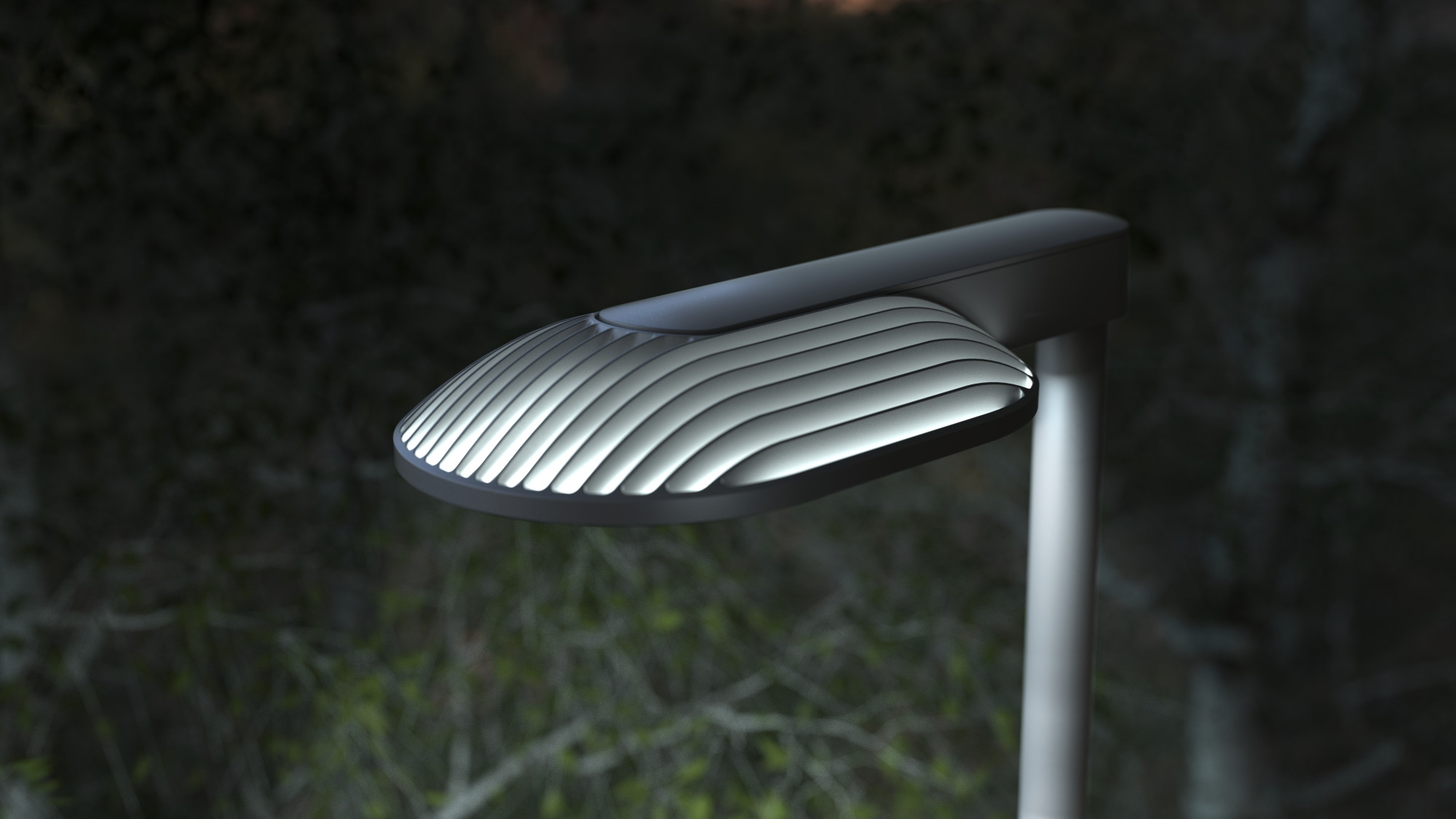 Die Lamellen des Leuchtenschirms dienen als Reflektoren und beleuchten mithilfe zentral positionierter LEDs den darunterliegenden Raum.