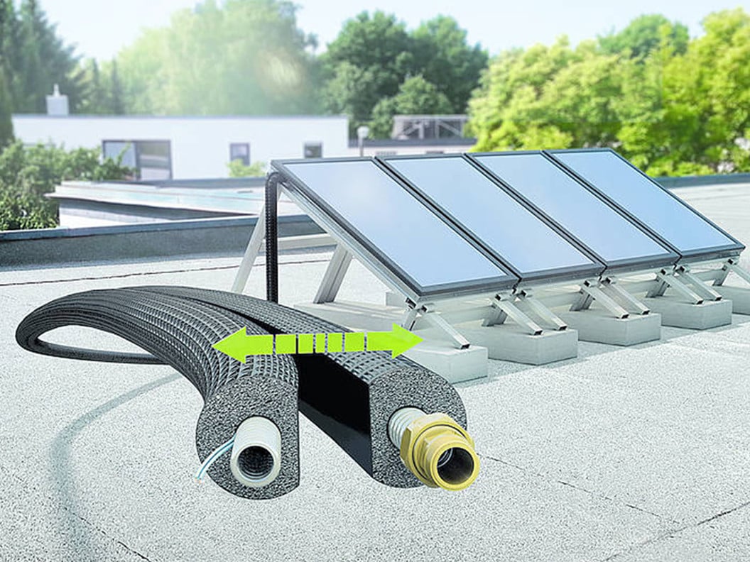  Die vorisolierte Zwillingsleitung für Vor- und Rücklauf ArmaFlex DuoSolar e-Save besteht aus flexiblen, parallel gewellten Edelstahlwellrohren, die auch bei kleinen Biegeradien zu verarbeiten sind
