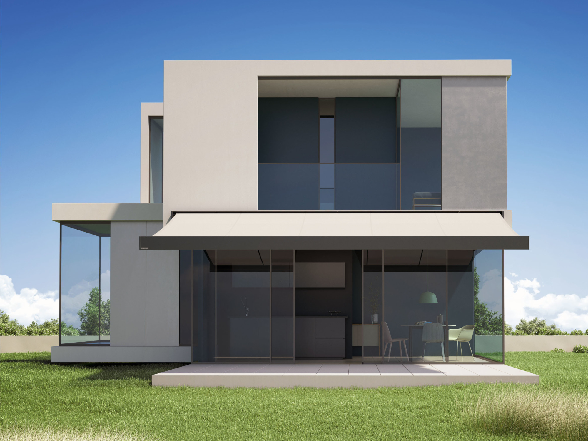 Das strenge Design der Markise fügt sich gut in geradlinige Architektur