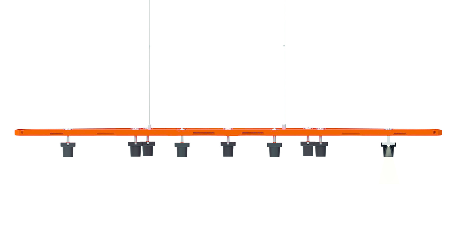 Die Dicke des Paneels beträgt inklusive der LED-Spots 96 mm; angeboten werden die Farben Orange, Weiß und Schwarz