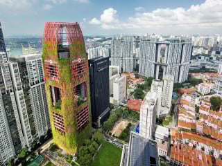 Das durch Woha Architektrn geplante Oasia Hotel Downtown sticht aus der Stadtlandschaft Singapur heraus