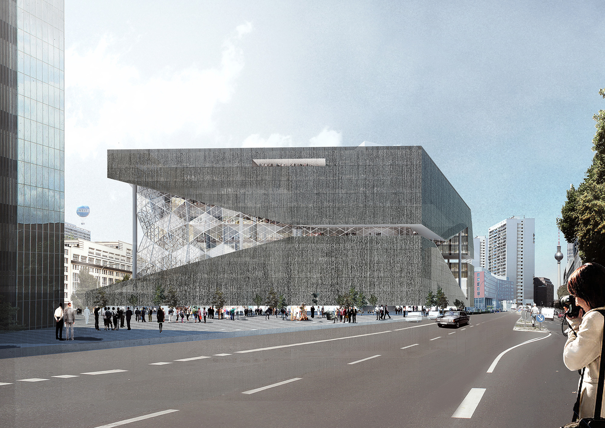 Das Medienhaus ist als blockhaftes Volumen konzipiert, das von einem Atrium diagonal durchbrochen wird (Südansicht)