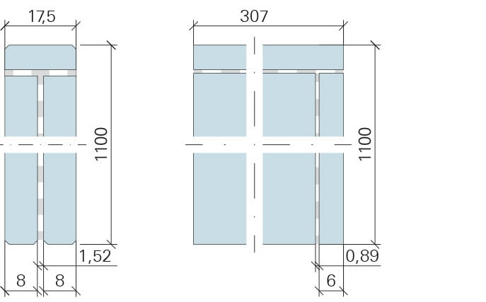 Technische Zeichnung: Glaskante vertikal und horizontal im Detail