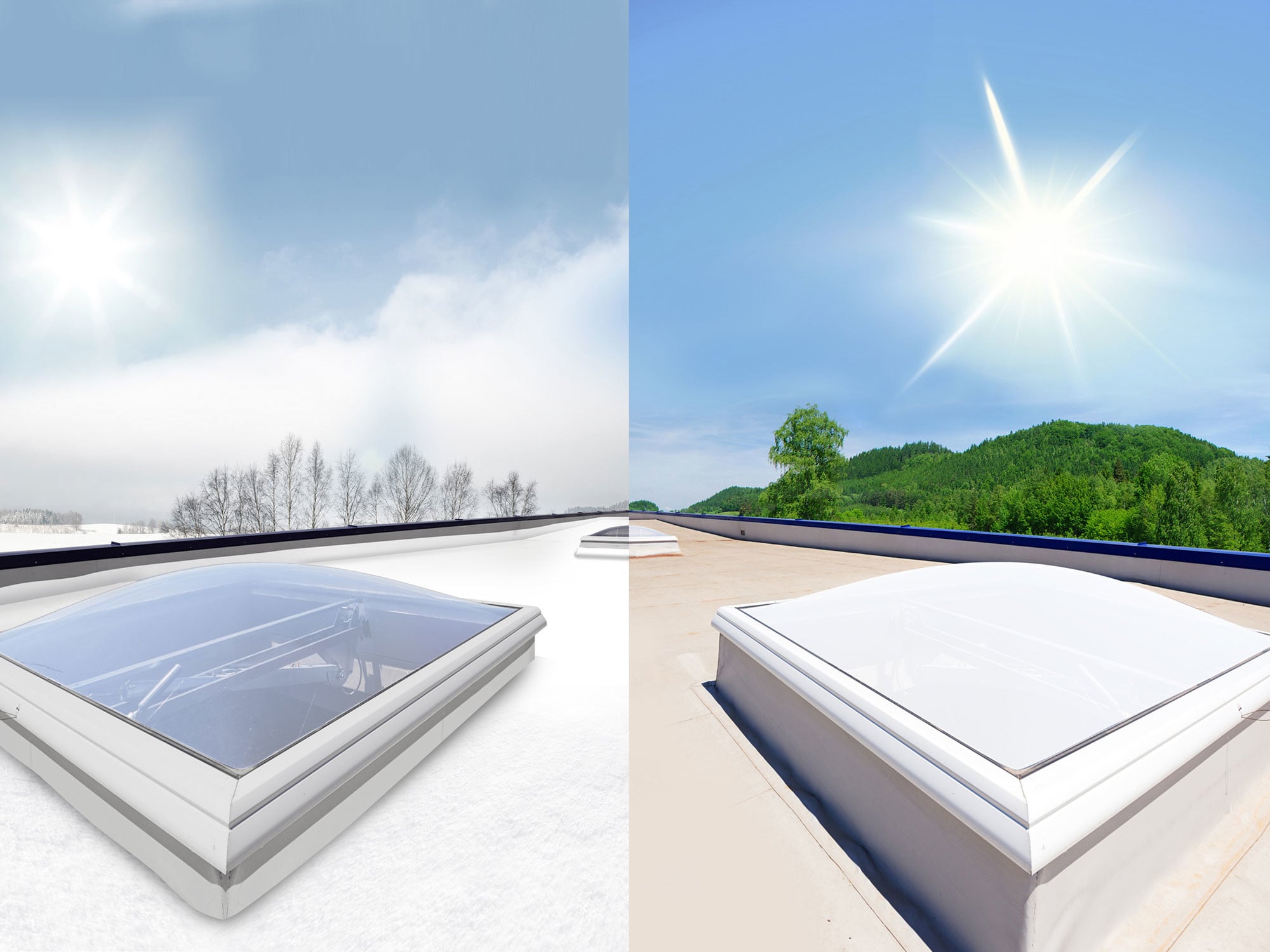 Das Sonnenschutzglas Acrysmart verändert seine Durchlässigkeit für Solarstrahlung in Abhängigkeit von der Umgebungstemperatur: Bei Hitze ist es blickdicht, bei Kälte bietet es Durchsicht.