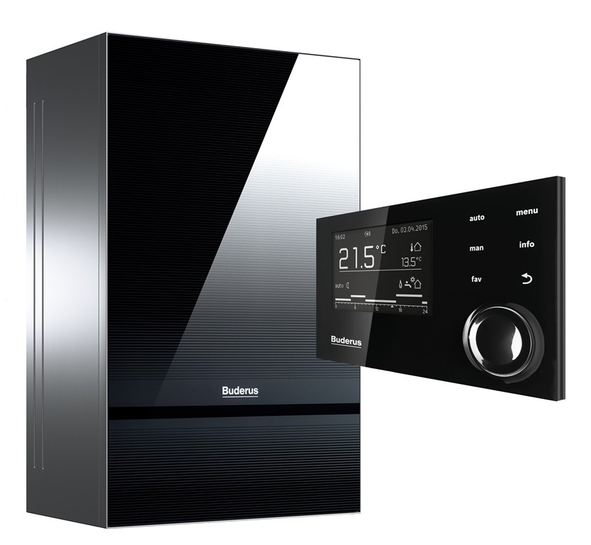 Die überarbeitete Wohnungsstation Logamax kompakt WS170 ist nun u.a. als Aufputzvariante im Titaniumglas-Design. 
