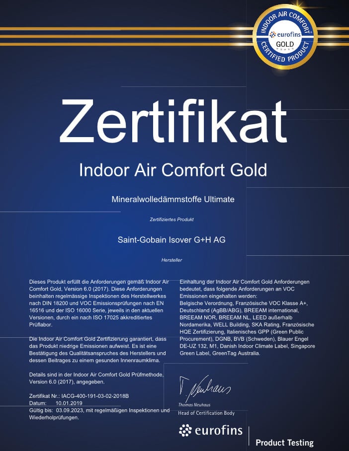 Beispiel Isover Ultimate Dämmstoffe: Zugehörige Zertifikate des Produkts, wie hier die Auszeichnung „Indoor Air Comfort Gold“ sind in der Datenbank hinterlegt und online abrufbar.