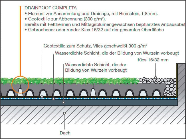 Die Firma Geoplast bietet das vorbepflanzte Begrünungssystem Drainroof Completa an, dessen Eigengewicht auch im wassergesättigten Zustand mit 50-60 kg/m2 relativ gering ist. 