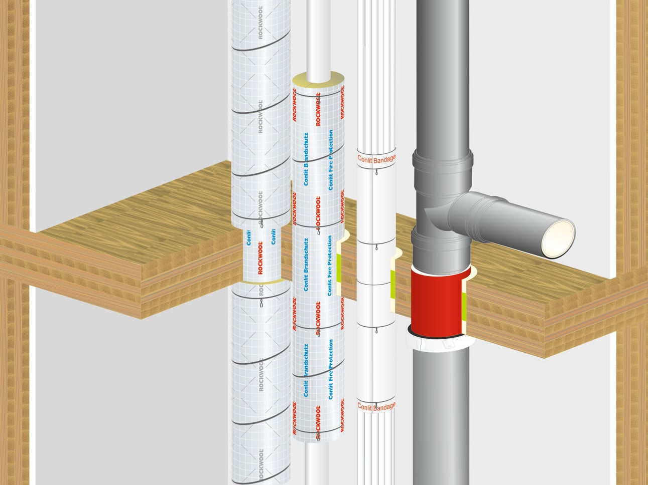 Geprüfte Lösungen zur Rohr- und Elektroabschottung als Direktdurchführung ohne Mörtelverguss in Holzbalken- und Brettsperrholzdecken bietet das System Conlit von Rockwool
