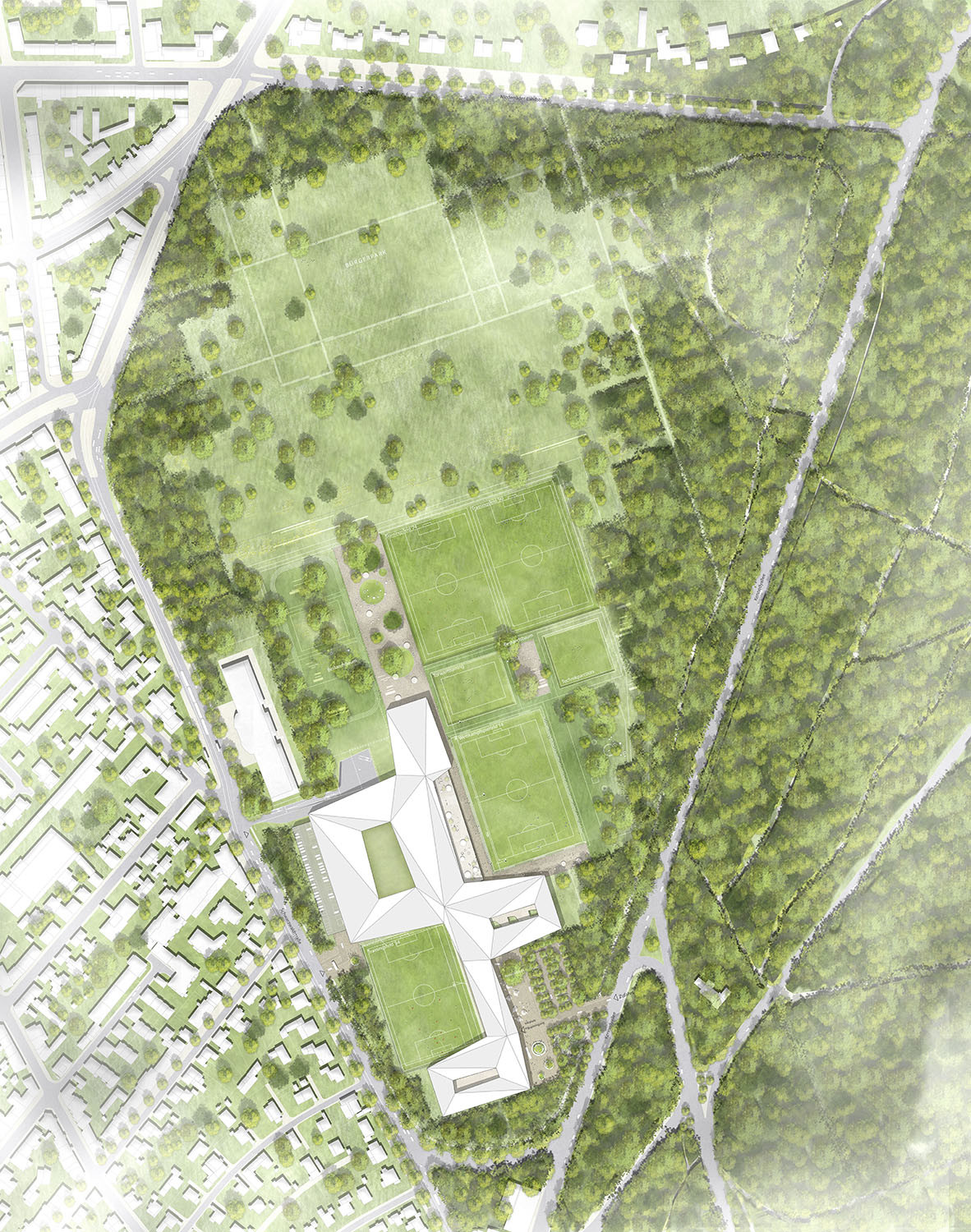 Auf dem Gelände zwischen Wohngebiet und Stadtwald sind in Zukunft sowohl die zentrale Verwaltung, die Akademie sowie mehrere Fußballfelder und weitere Sportanlagen eingebettet. 