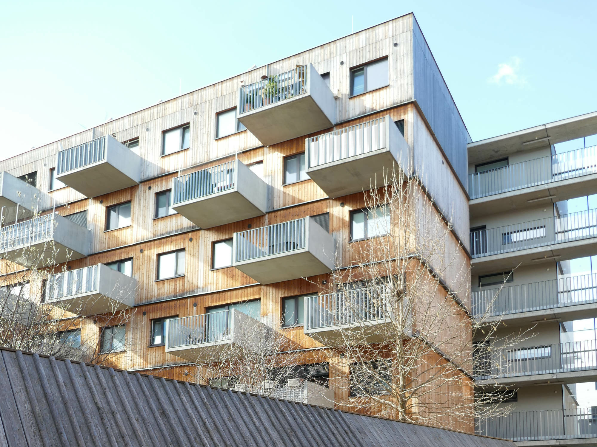In der Praxis sind Holzkonstruktionen heute meist Mischkonstruktionen verschiedener Bauweisen oder Hybride mit anderen Materialien wie Stahl oder Beton (im Bild: Geschosswohnungsbau in Wien, geplant von querkraft architekten und Berger + Parkkinen Architekten, Wien).