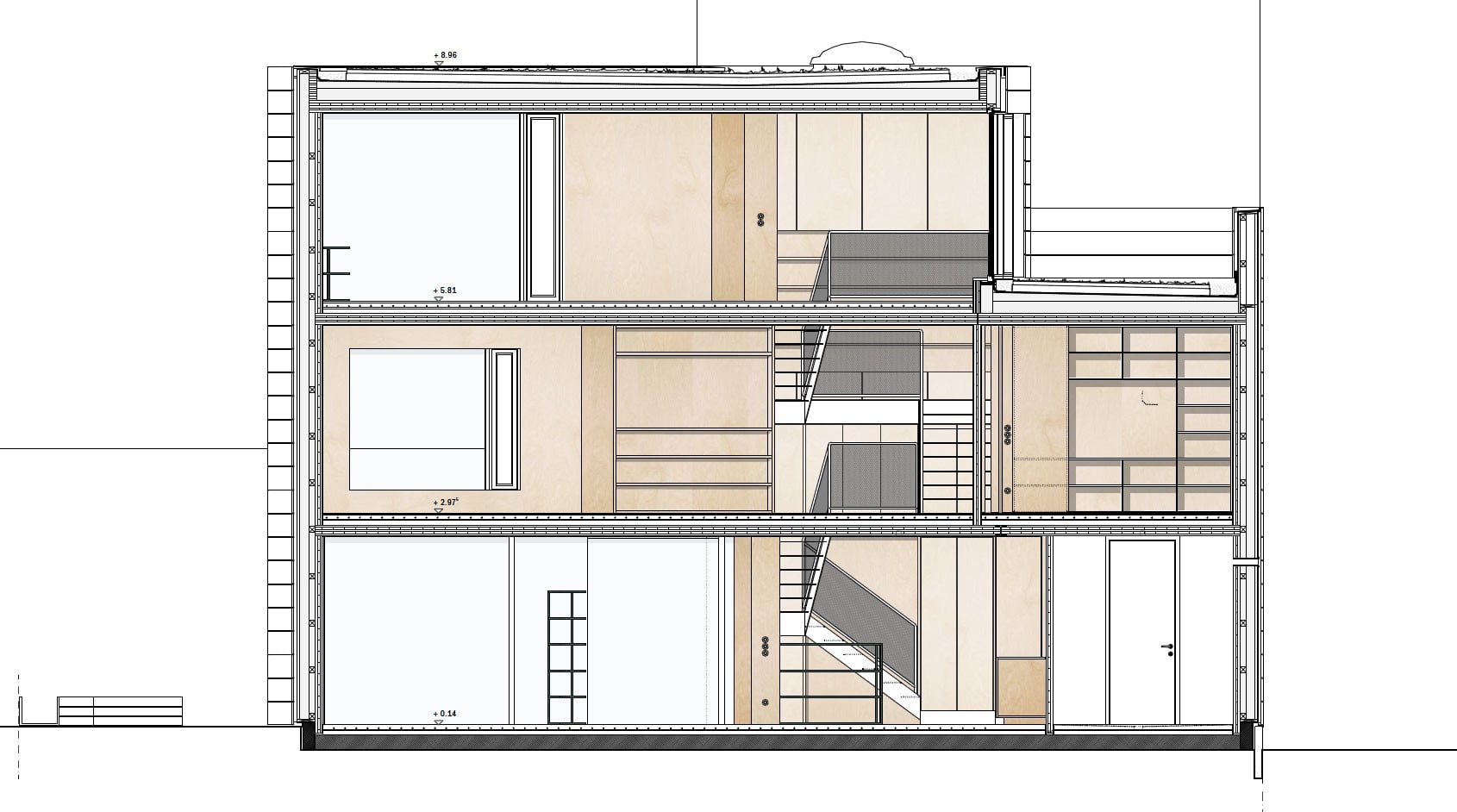 Schnitt durch ein Büro- und Wohnhaus in Bischofsheim, einer Massivholzkonstruktion mit tragendem Brettsperrholz, geplant von MIND Architects Collective