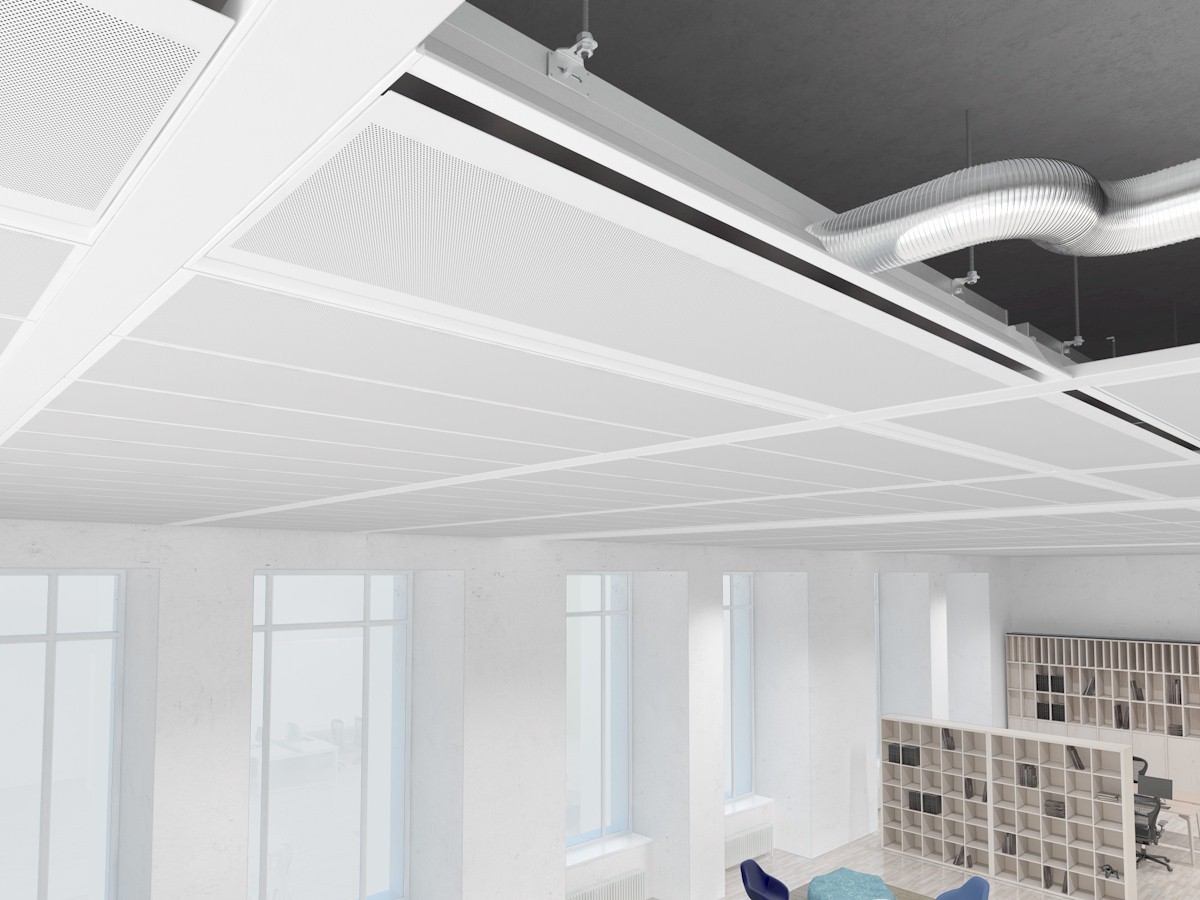 Das Modell AirBeam Discreet hat die gleiche Perforation wie die Deckenplatte und schmale kleine Schlitze.