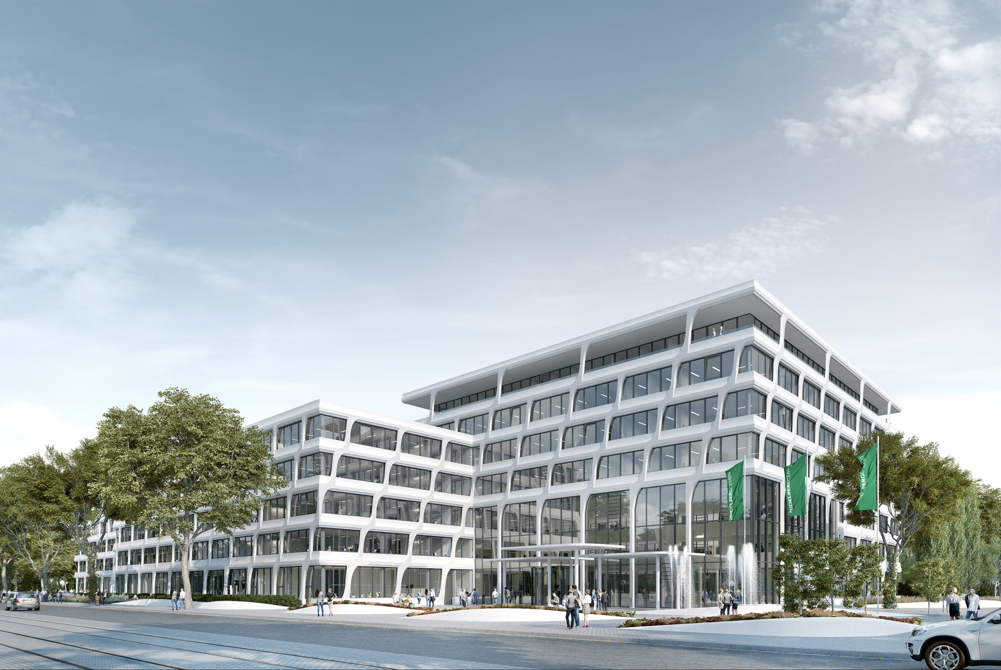 Die Fassade aus weißen Betonfertigteilen illustriert die mögliche Leichtigkeit und filigrane Anmutung, die der Baustoff Beton annehmen kann. Die Generelplanung oblag dem Architekturbüro Albert Speer + Partner.