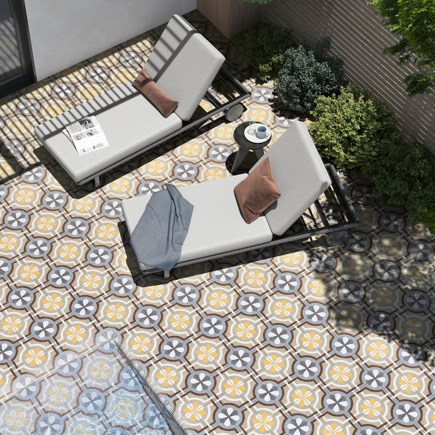 Frische Farben und Dekore auch für die Terrasse: „Cementine Open Air“ von Fioranese vermittelt Wohlfühlatmosphäre im Außenbereich.