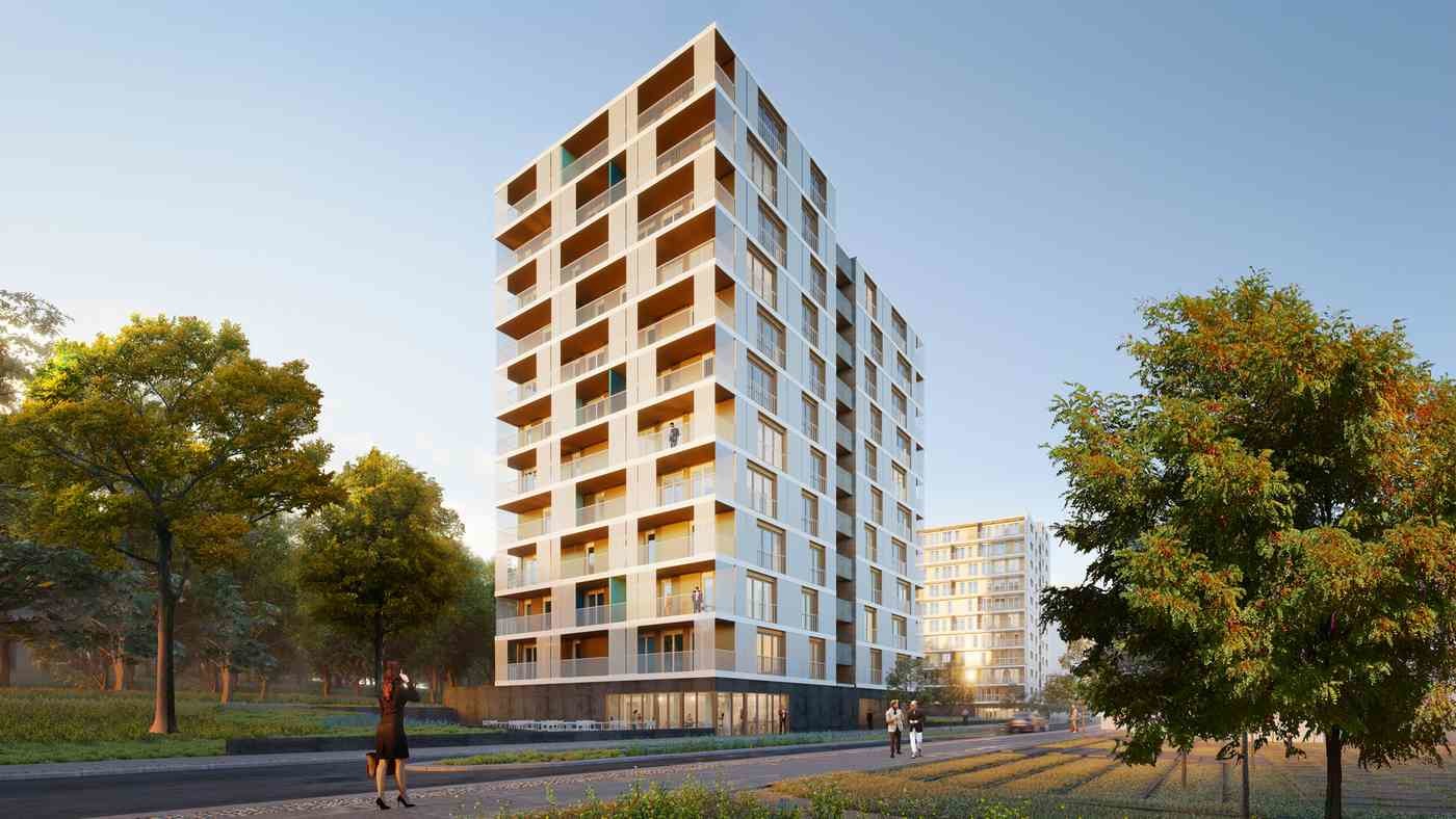 Die Erschließungskerne sind aus Stahlbeton geplant, die tragenden Decken und Wände aus Fichtenbrettsperrholz.