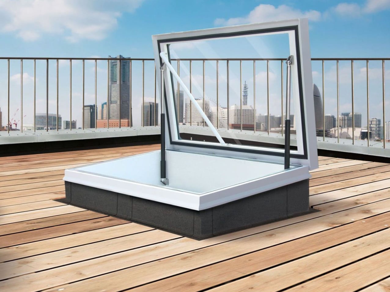 Dieser Dachausstieg ist Zugang zur Dachterrasse und lässt Tageslicht in den darunterliegenden Raum. 