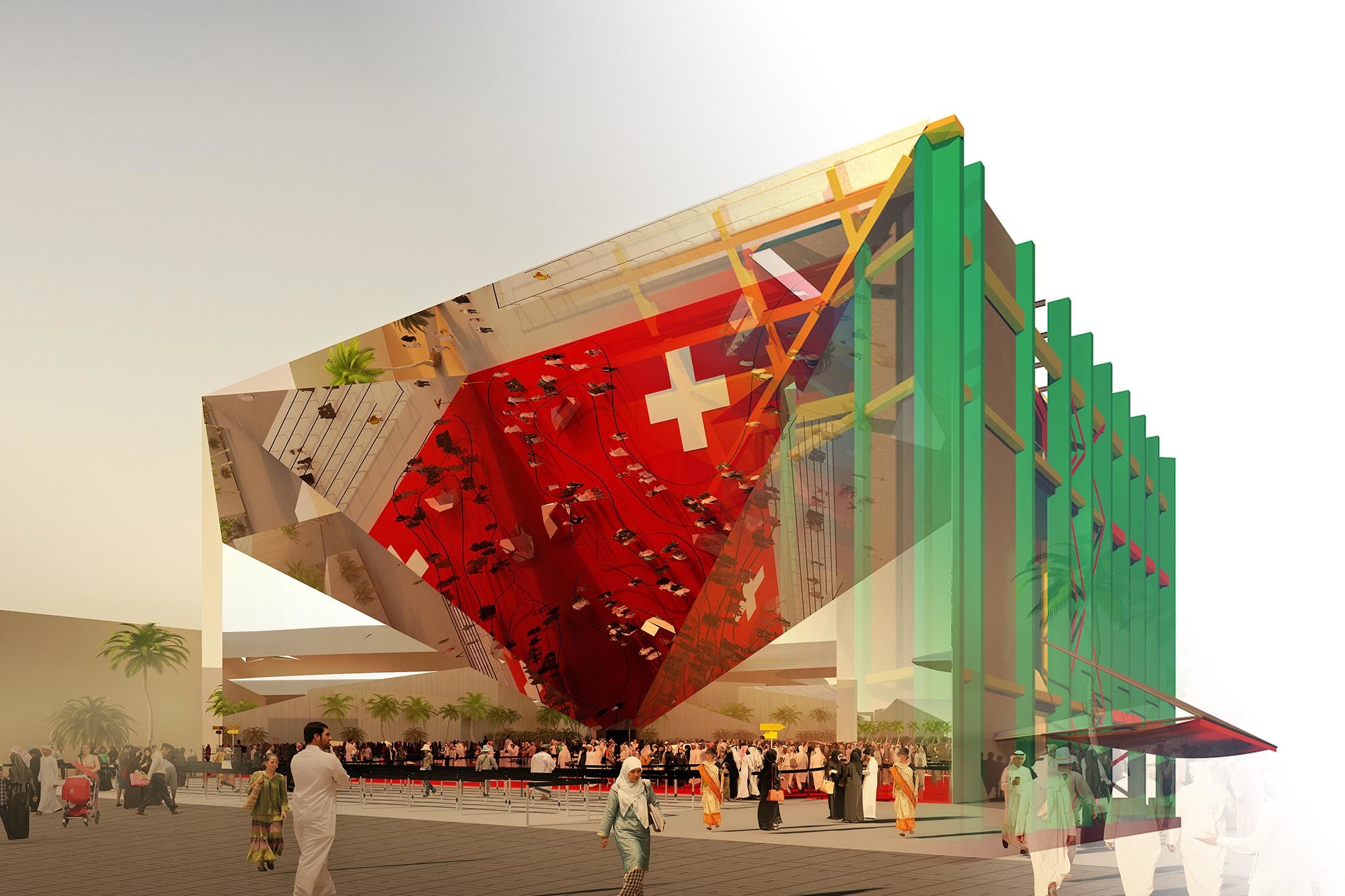 In der Visualisierung wird die Konstruktion sichtbar. Der Pavillon zeichnet sich durch seinen extrem hohen Vorfertigungsgrad aus. Über 75 Prozent des Gebäudes sollen im Anschluss an die Expo recycelt werden.