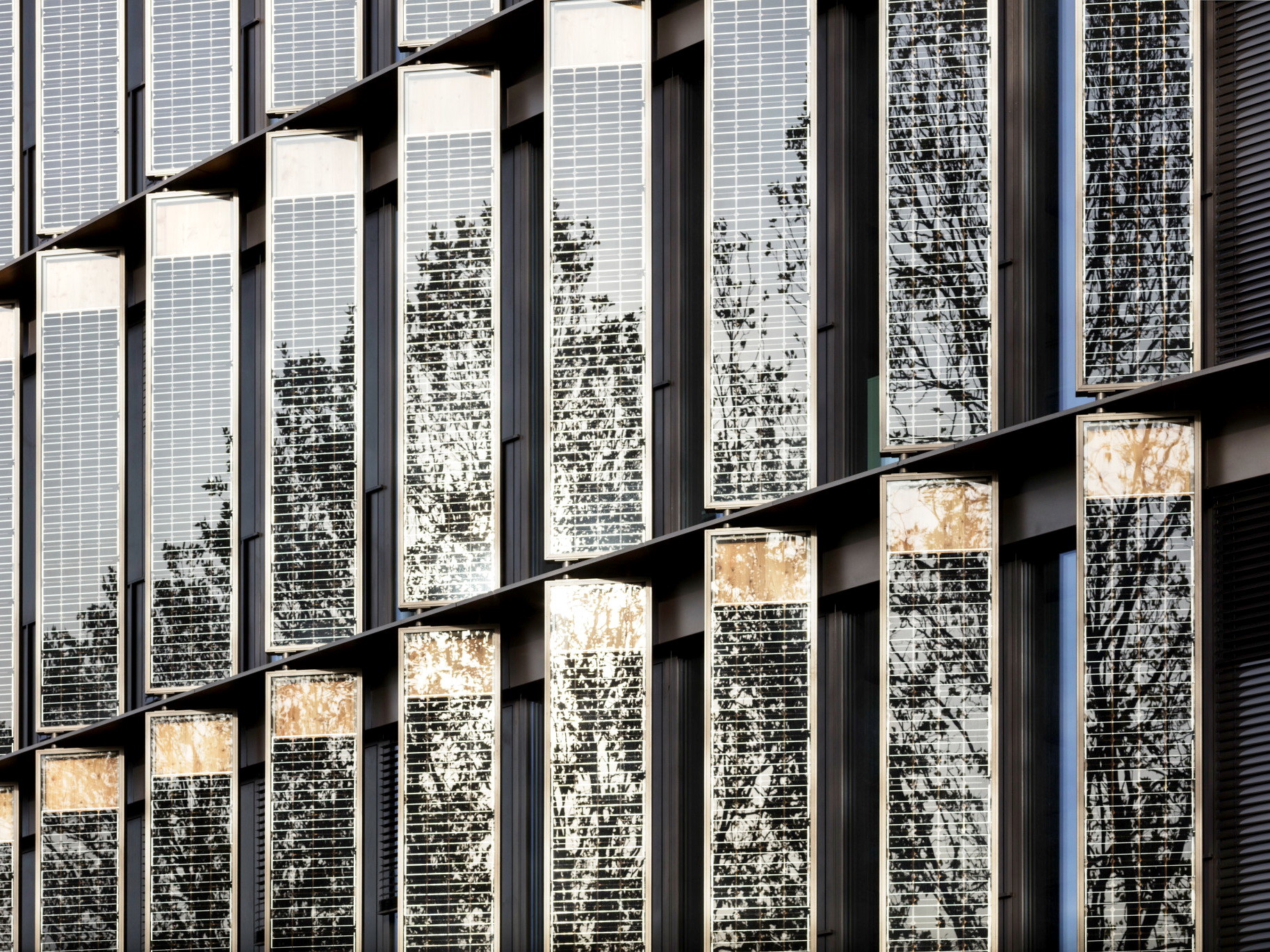 Die geschosshohen, der eigentlichen Gebäudehülle vorgelagerten Glas-Glas-Photovoltaik-Paneele sind Sonderanfertigungen für das Projekt.
