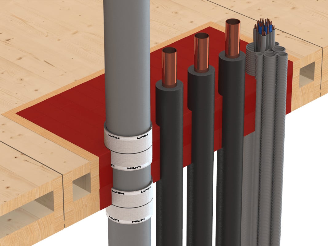 Flexibilität in der Planung bietet der sogenannte Kombischottstein: Elektroabschottungen und Rohrabschottungen für Kabel sowie Heiz-und Trinkwasserrohre.