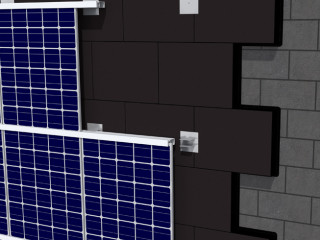 Darstellung Außenwandaufbau: Mauerwerk oder Beton, Schaumglasdämmplatten und eine metallische Unterkonstruktion für die Photovoltaikelemente