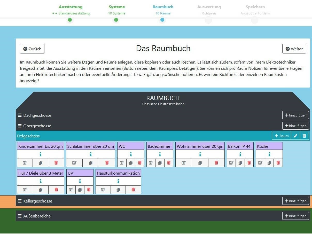 Mit dem Smartkonfigurator lassen sich Varianten für die benötigte bzw. gewünschte Elektroinstallation konfigurieren, miteinander vergleichen und schließlich bewerten, wodurch schnell ein Kostenüberblick möglich ist.