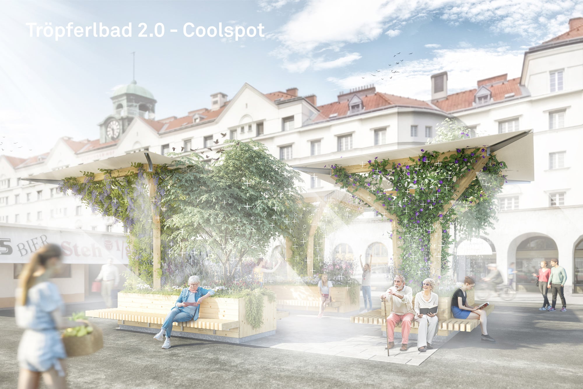Die zwei Projekte, hier die Holzkonstruktionen am Schlingermarkt, werden über zwei Jahre hinweg begleitet und ausgewertet. 