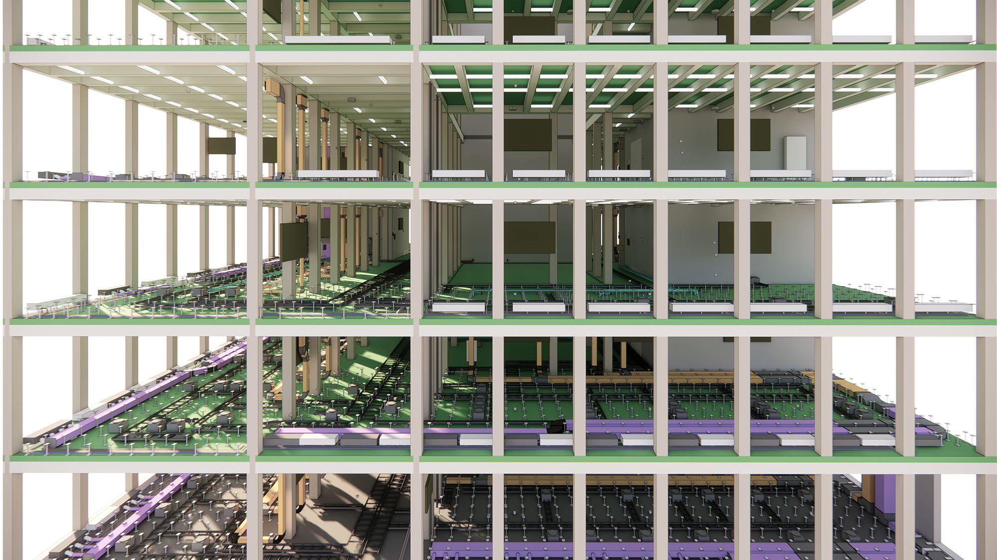 Ausschnitt aus dem virtualisierten Koordinationsmodell mitsamt den Teilmodellen Tragwerk und TGA. Die Doppelbodenstützen wurden von den Architekten modelliert, um eine Kollisionsprüfung mit der TGA-Installation durchführen zu können. 