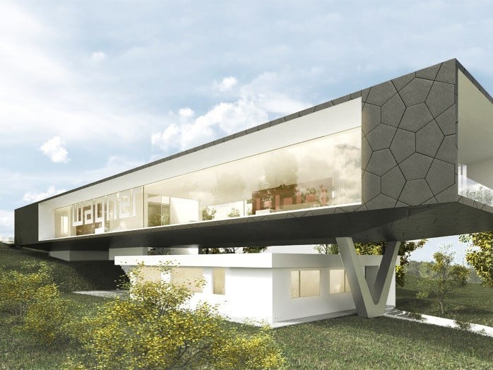 Das Wagner Design Lab, ein einfacher, schwebender Riegel, weist zwei Glasfassaden mit einer Gesamtfläche von 240 m² auf. 