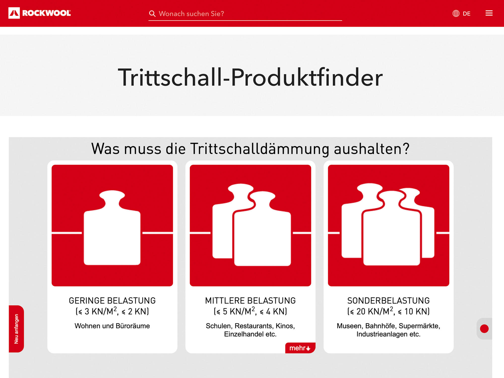 Der ergänzende „Trittschall-Produktfinder“ hilft, die passende Trittschalldämmung aus dem Sortiment des Herstellers zu finden. 
