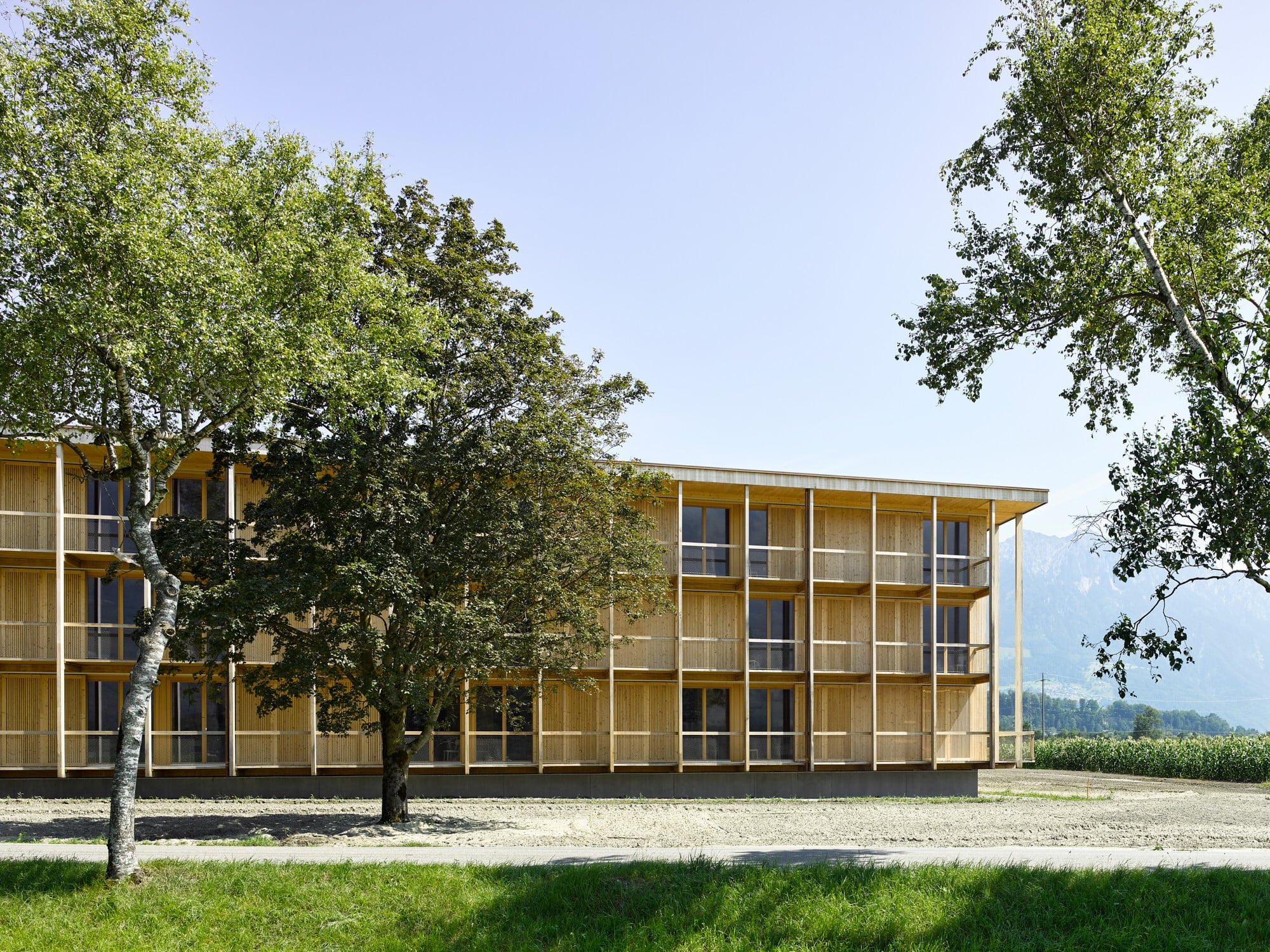Gemeinsam mit einer bestehenden Werkshalle im Norden und einem Verwaltungsgebäude im Westen fasst der Baukörper einen großzügigen Hof.