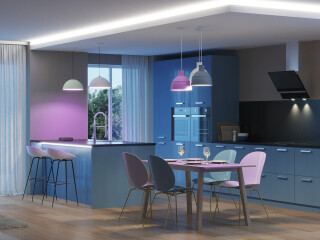 Dank der Intergration steuerbarer Lampen der Philips-Hue-Reihe in das Smart-Home-System von Rademacher kann mit nur einem Fingertippen etwa die passende Beleuchtung über dem Essplatz in der Küche eingestellt werden.