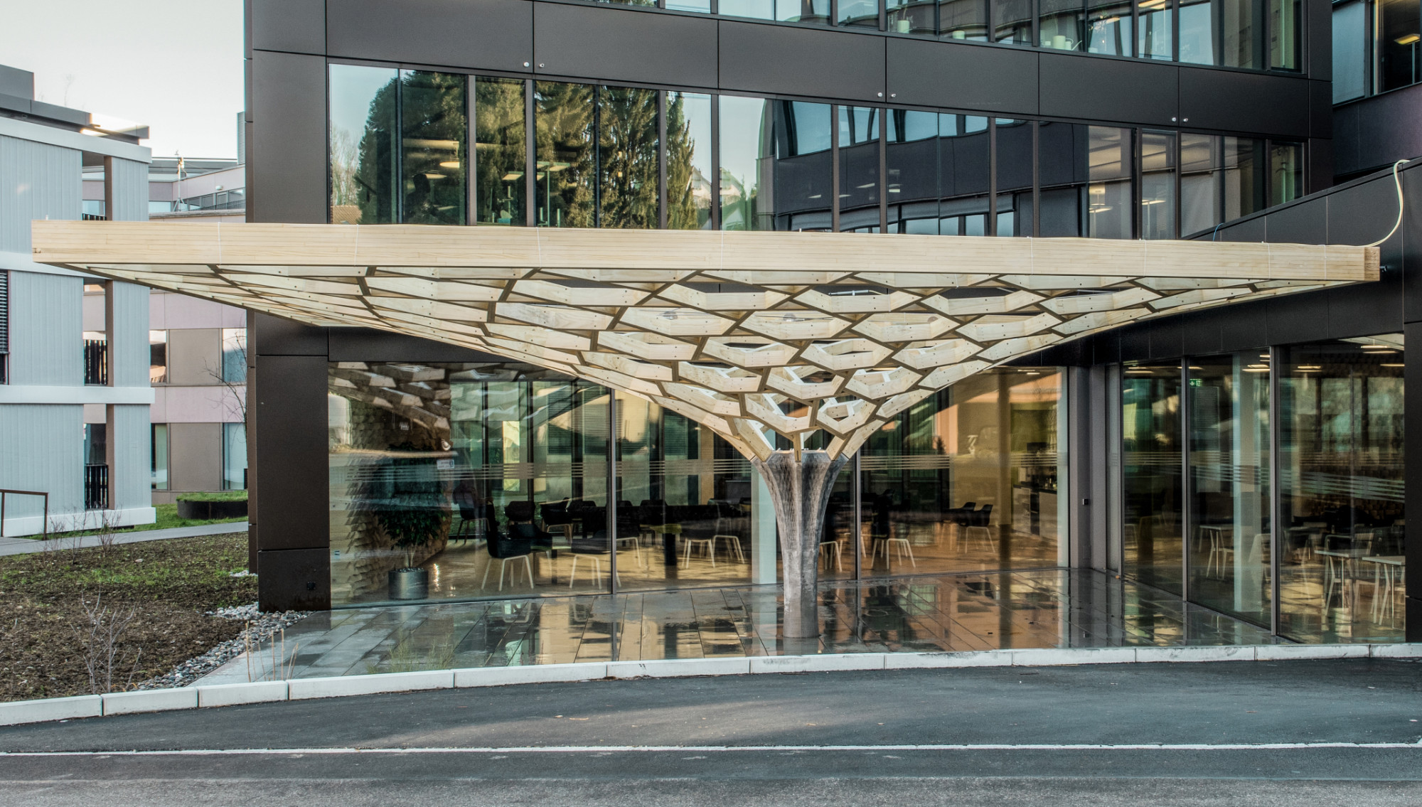 Die Krone des Future Trees ist ein Hebelstabwerk aus 380 Holzelementen, dessen Geometrie sich vom Tragverhalten ableitet. 