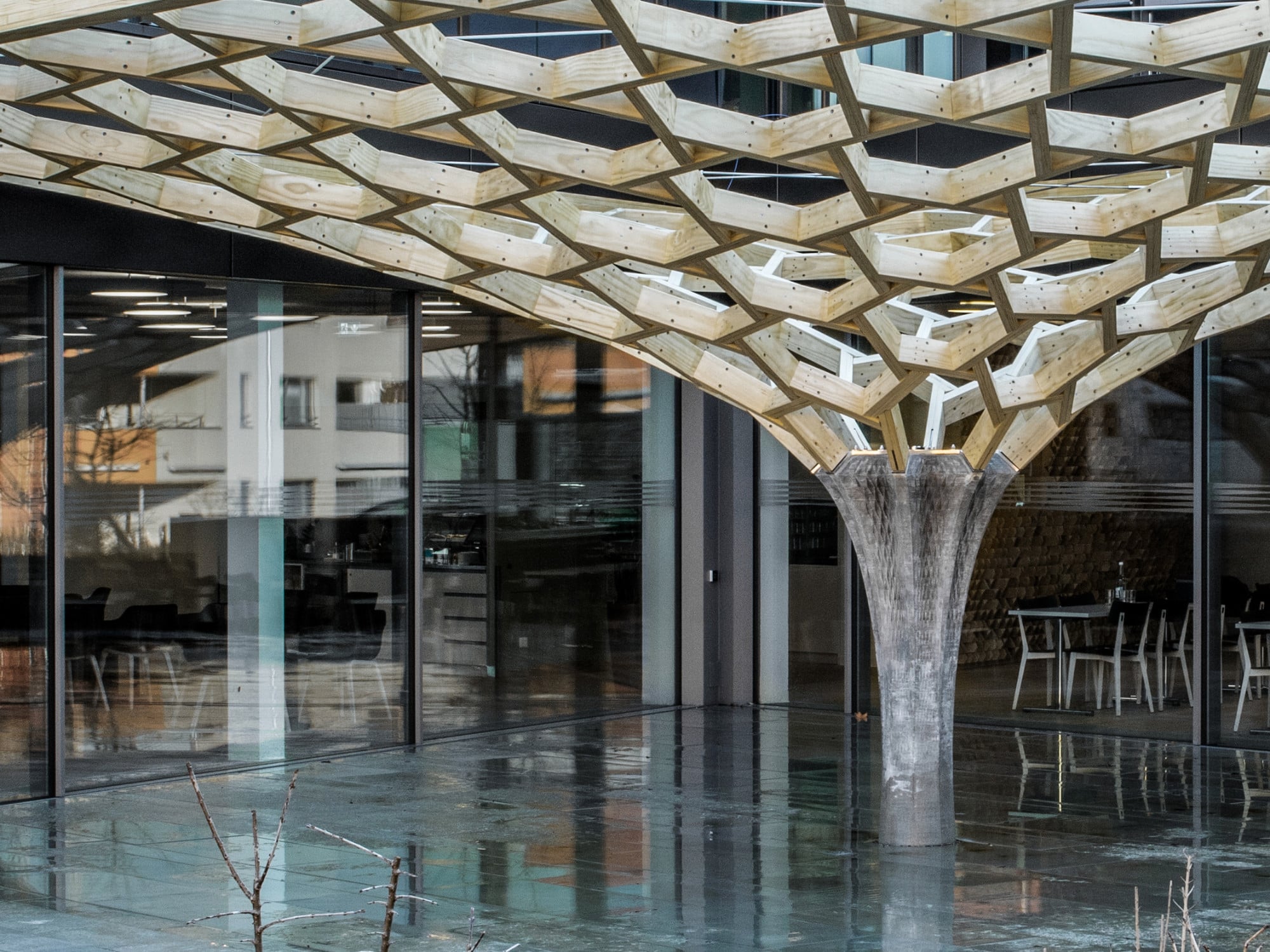Der Future Tree besetzt den Außenbereich der Erweiterung des Hauptsitzes von Basler & Hofmann im schweizerischen Esslingen.