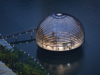 Schwimmende Glaskugel: In der Bucht von Singapur haben Foster + Partners in Kooperation mit Apple ein Fachgeschäft des US-amerikanischen Technologieunternehmens realisiert.