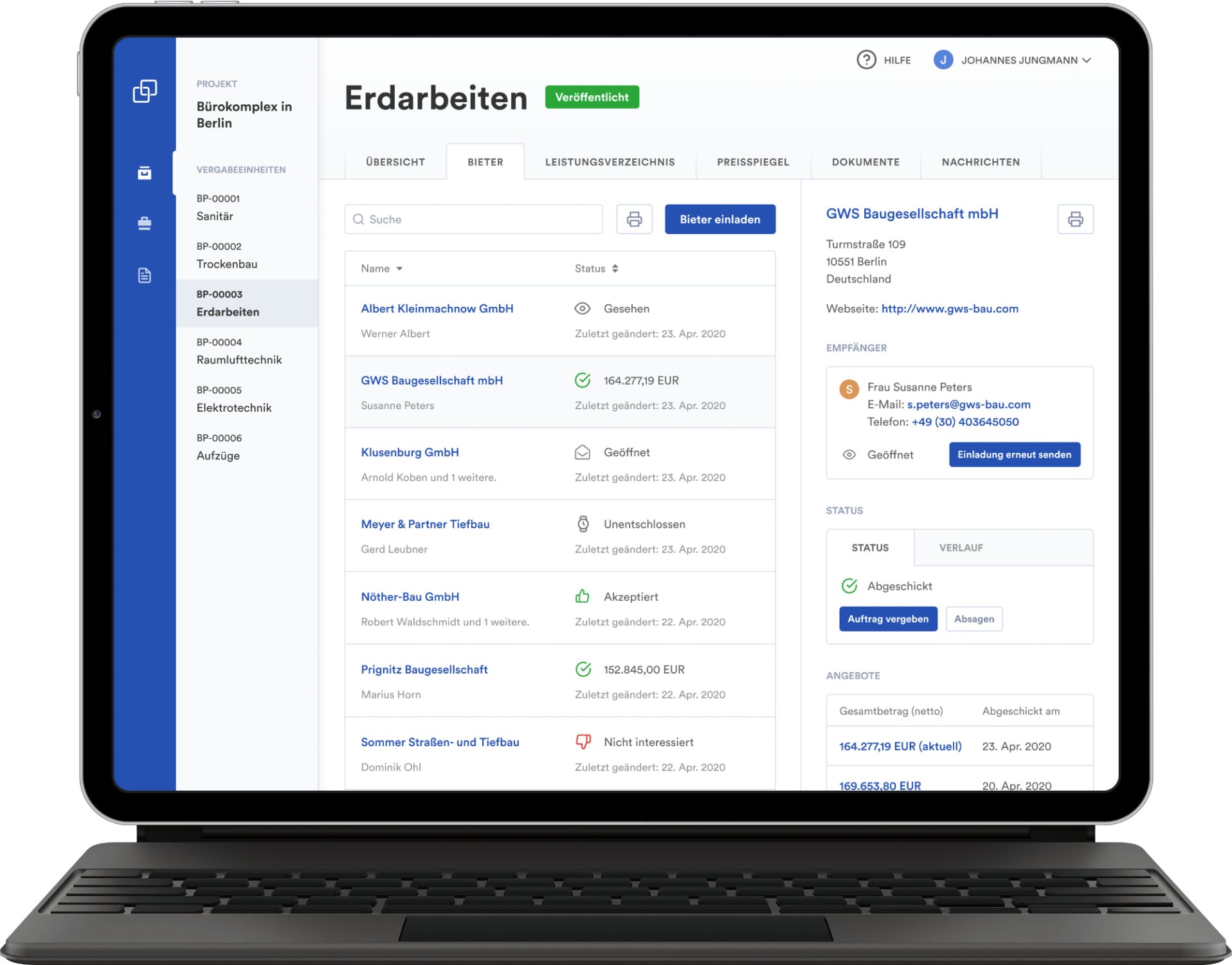 Der aktuelle Stand der Ausschreibung lässt sich jederzeit unkompliziert kontrollieren.