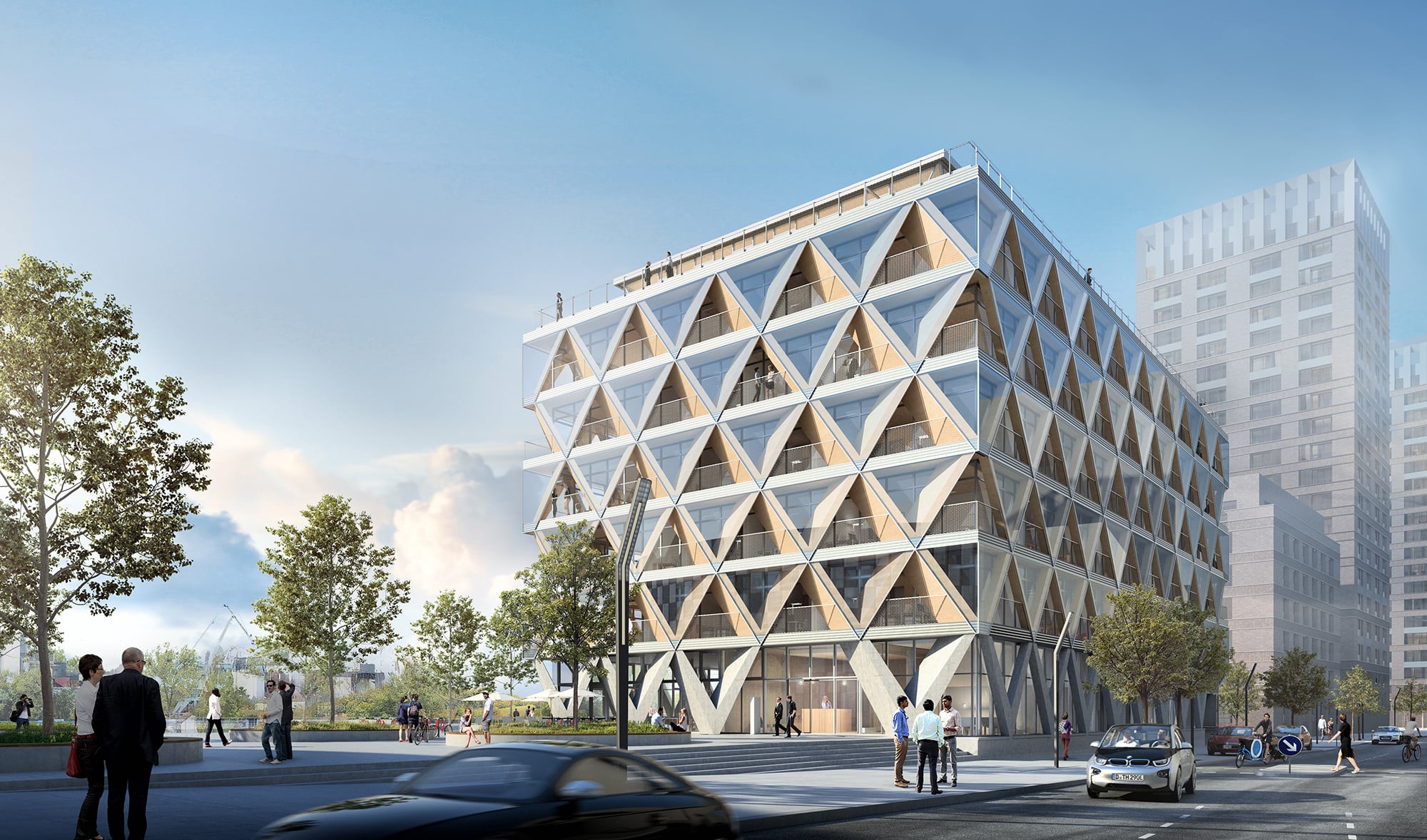 Der Neubau ist in Elementbauweise als Holz-Beton-Konstruktion geplant und überzeugt durch sein ganzheitliches Nachhaltigkeitskonzept und seine markante, rautenförmige Fassadenstruktur aus Glas und Holz. 
