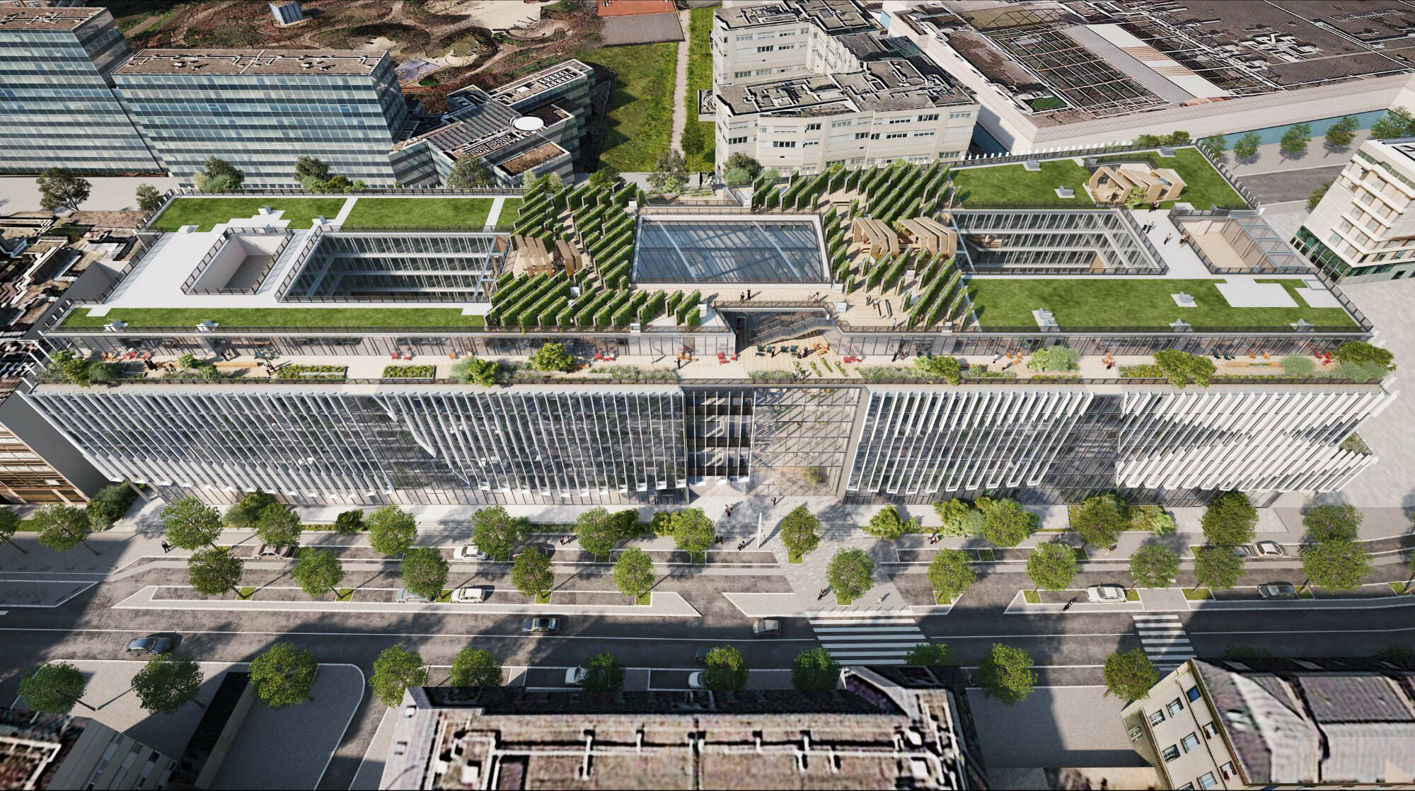 Ein eingeschnittenes Atrium bildet eine neue öffentliche Verbindungsachse durch den Block.