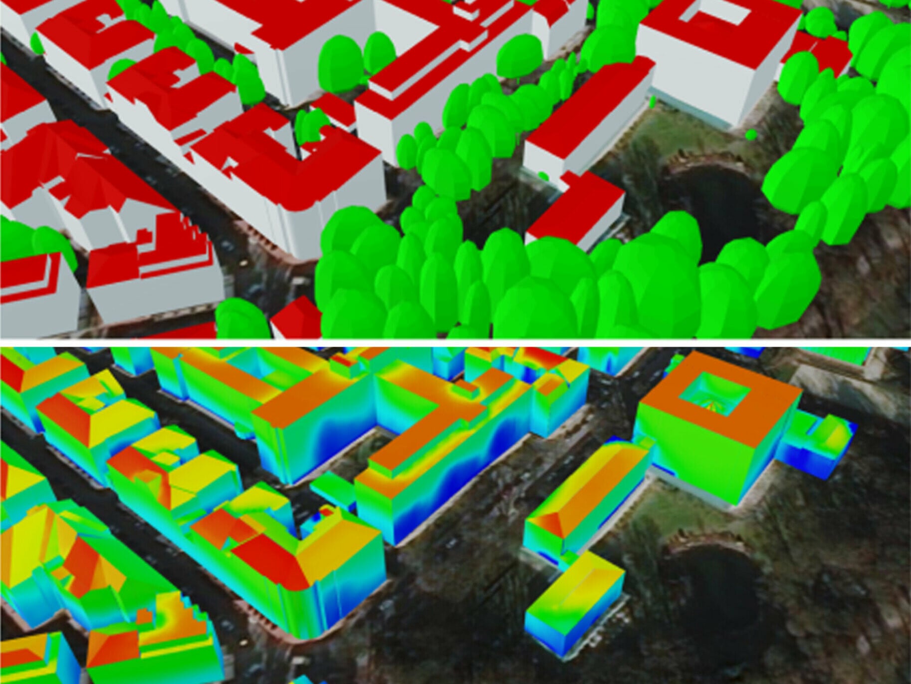 Kleinräumige Solarpotenzialanalysen berücksichtigen Gebäudeflächen und Umgebungsfaktoren, u.a. den Schattenwurf des Baumbestands (blau: wenig / rot: viel Solareinstrahlung)